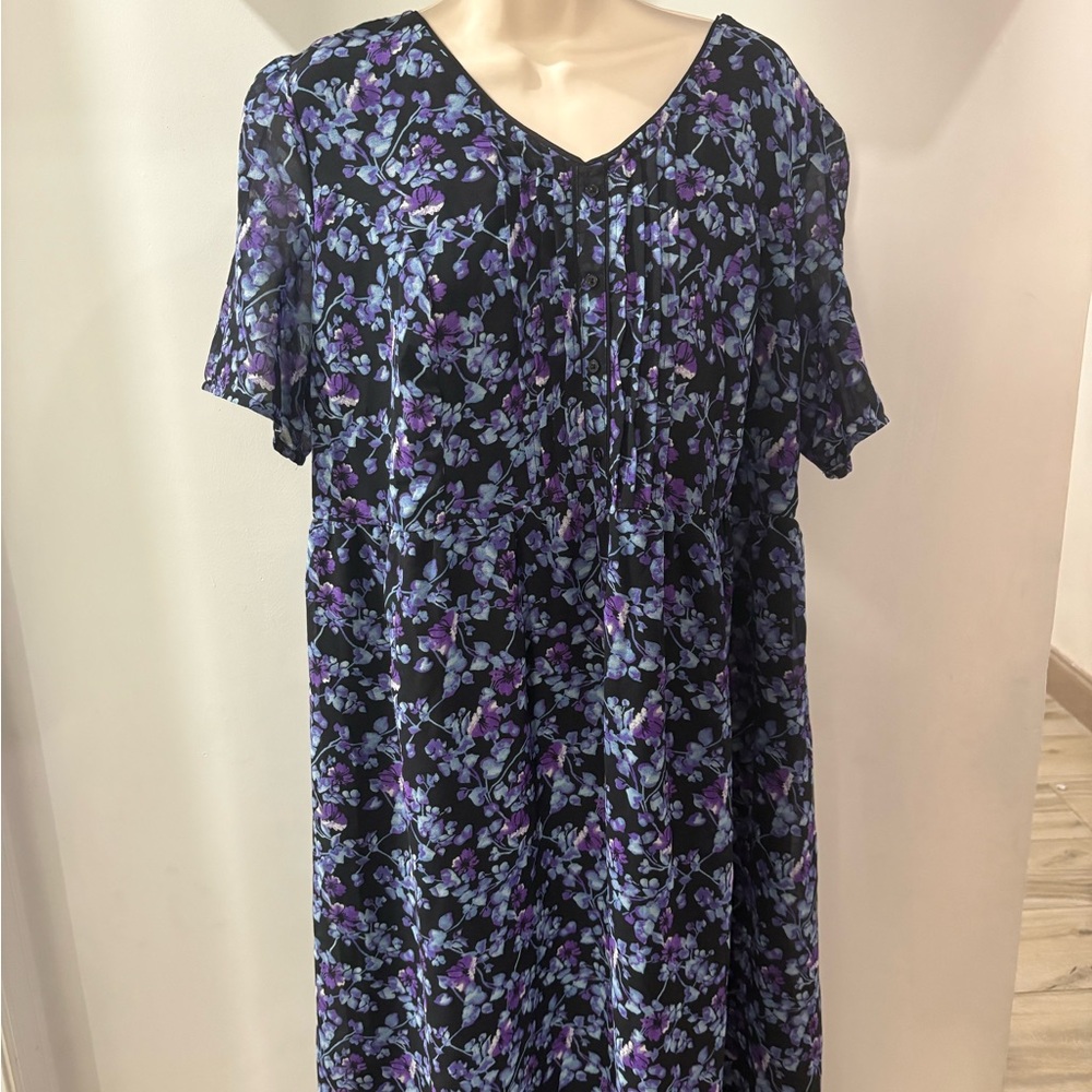 Black Dress with Purple and Blue Floral Pattern